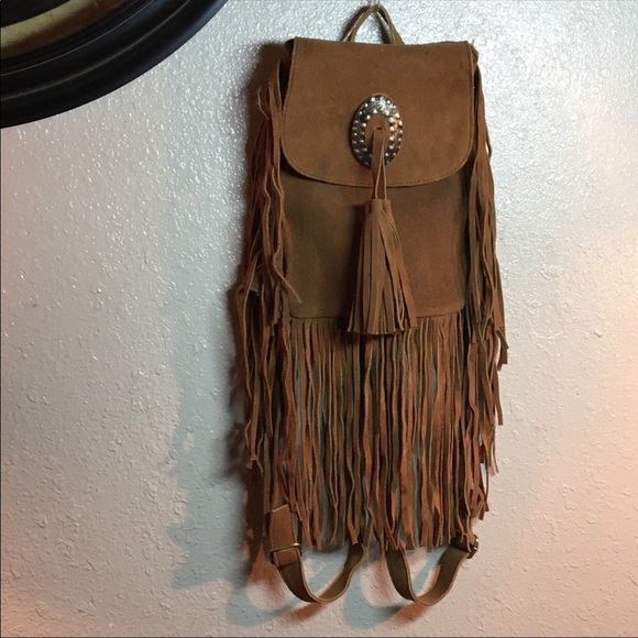 Vintage Handbags - Boho Genuine suede Conch fringed  backpack purse